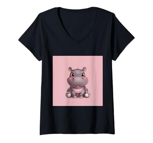 Damen Niedliches Cartoon-Nilpferd im Chibi-Stil süßes Baby-Nilpfer T-Shirt mit V-Ausschnitt Damen Niedliches Cartoon-Nilpferd im Chibi-Stil süßes Baby-Nilpfer T-Shirt mit V-Ausschnitt von Design Hippopotamus cute theme
