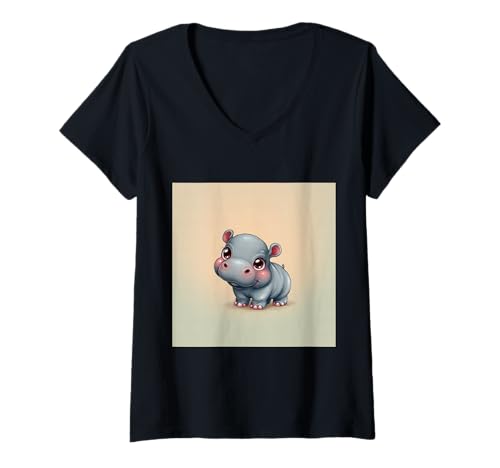 Damen Niedliches Cartoon-Nilpferd im Chibi-Stil süßes Baby-Nilpfer T-Shirt mit V-Ausschnitt Damen Niedliches Cartoon-Nilpferd im Chibi-Stil süßes Baby-Nilpfer T-Shirt mit V-Ausschnitt von Design Hippopotamus cute theme