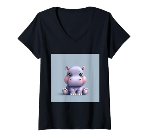 Damen Niedliches Cartoon-Nilpferd im Chibi-Stil süßes Baby-Nilpfer T-Shirt mit V-Ausschnitt von Design Hippopotamus cute theme