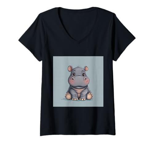 Damen Niedliches Cartoon-Nilpferd im Chibi-Stil süßes Baby-Nilpfer T-Shirt mit V-Ausschnitt Damen Niedliches Cartoon-Nilpferd im Chibi-Stil süßes Baby-Nilpfer T-Shirt mit V-Ausschnitt von Design Hippopotamus cute theme