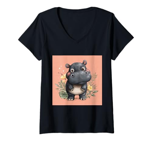 Damen Niedliches Cartoon-Nilpferd im Chibi-Stil süßes Baby-Nilpfer T-Shirt mit V-Ausschnitt Damen Niedliches Cartoon-Nilpferd im Chibi-Stil süßes Baby-Nilpfer T-Shirt mit V-Ausschnitt von Design Hippopotamus cute theme
