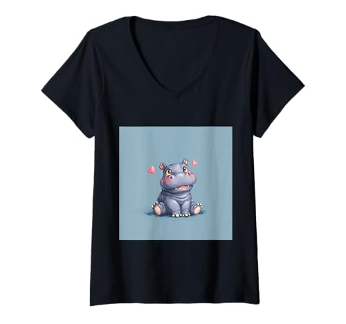 Damen Niedliches Cartoon-Nilpferd im Chibi-Stil süßes Baby-Nilpfer T-Shirt mit V-Ausschnitt Damen Niedliches Cartoon-Nilpferd im Chibi-Stil süßes Baby-Nilpfer T-Shirt mit V-Ausschnitt von Design Hippopotamus cute theme
