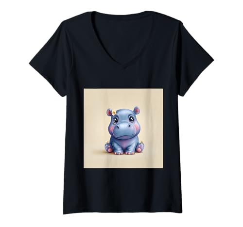 Damen Niedliches Cartoon-Nilpferd im Chibi-Stil süßes Baby-Nilpfer T-Shirt mit V-Ausschnitt Damen Niedliches Cartoon-Nilpferd im Chibi-Stil süßes Baby-Nilpfer T-Shirt mit V-Ausschnitt von Design Hippopotamus cute theme