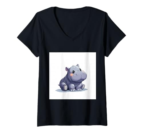Damen Niedliches Cartoon-Nilpferd im Chibi-Stil süßes Baby-Nilpfer T-Shirt mit V-Ausschnitt von Design Hippopotamus cute theme