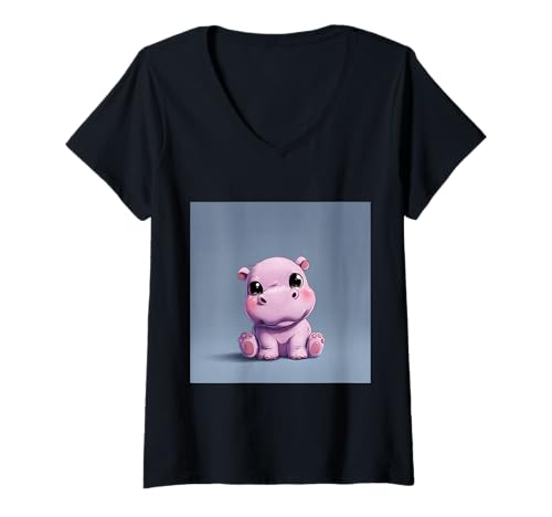 Damen Niedliches Cartoon-Nilpferd im Chibi-Stil süßes Baby-Nilpfer T-Shirt mit V-Ausschnitt Damen Niedliches Cartoon-Nilpferd im Chibi-Stil süßes Baby-Nilpfer T-Shirt mit V-Ausschnitt von Design Hippopotamus cute theme