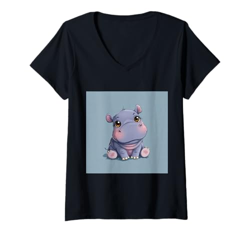 Damen Niedliches Cartoon-Nilpferd im Chibi-Stil süßes Baby-Nilpfer T-Shirt mit V-Ausschnitt Damen Niedliches Cartoon-Nilpferd im Chibi-Stil süßes Baby-Nilpfer T-Shirt mit V-Ausschnitt von Design Hippopotamus cute theme