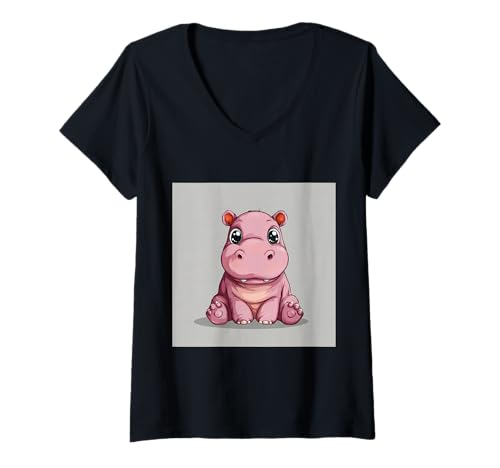 Damen Niedliches Cartoon-Nilpferd im Chibi-Stil süßes Baby-Nilpfer T-Shirt mit V-Ausschnitt Damen Niedliches Cartoon-Nilpferd im Chibi-Stil süßes Baby-Nilpfer T-Shirt mit V-Ausschnitt von Design Hippopotamus cute theme