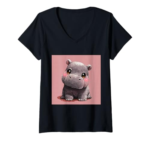 Damen Niedliches Cartoon-Nilpferd im Chibi-Stil süßes Baby-Nilpfer T-Shirt mit V-Ausschnitt Damen Niedliches Cartoon-Nilpferd im Chibi-Stil süßes Baby-Nilpfer T-Shirt mit V-Ausschnitt von Design Hippopotamus cute theme