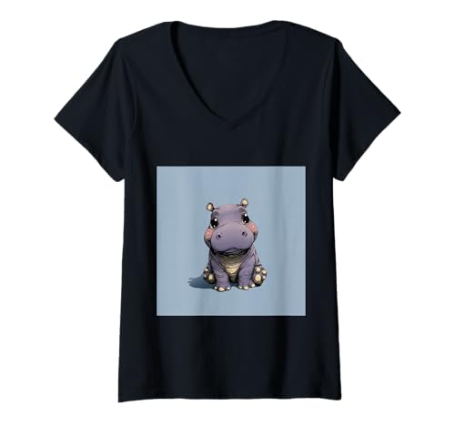 Damen Niedliches Cartoon-Nilpferd im Chibi-Stil süßes Baby-Nilpfer T-Shirt mit V-Ausschnitt Damen Niedliches Cartoon-Nilpferd im Chibi-Stil süßes Baby-Nilpfer T-Shirt mit V-Ausschnitt von Design Hippopotamus cute theme