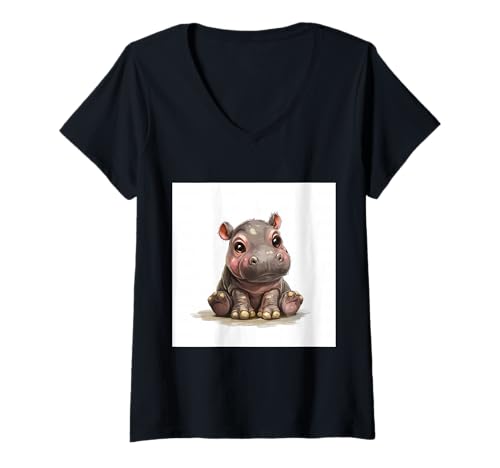 Damen Niedliches Cartoon-Nilpferd im Chibi-Stil süßes Baby-Nilpfer T-Shirt mit V-Ausschnitt Damen Niedliches Cartoon-Nilpferd im Chibi-Stil süßes Baby-Nilpfer T-Shirt mit V-Ausschnitt von Design Hippopotamus cute theme