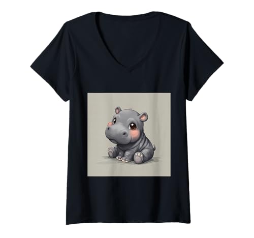 Damen Niedliches Cartoon-Nilpferd im Chibi-Stil süßes Baby-Nilpfer T-Shirt mit V-Ausschnitt von Design Hippopotamus cute theme