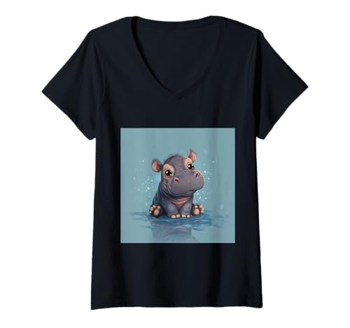Damen Niedliches Cartoon-Nilpferd im Chibi-Stil süßes Baby-Nilpfer T-Shirt mit V-Ausschnitt Damen Niedliches Cartoon-Nilpferd im Chibi-Stil süßes Baby-Nilpfer T-Shirt mit V-Ausschnitt von Design Hippopotamus cute theme