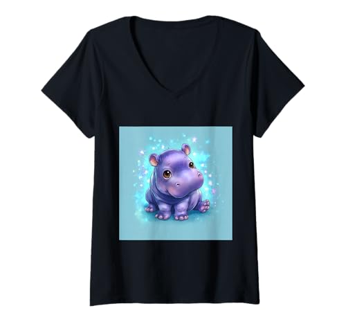 Damen Niedliches Cartoon-Nilpferd im Chibi-Stil süßes Baby-Nilpfer T-Shirt mit V-Ausschnitt Damen Niedliches Cartoon-Nilpferd im Chibi-Stil süßes Baby-Nilpfer T-Shirt mit V-Ausschnitt von Design Hippopotamus cute theme