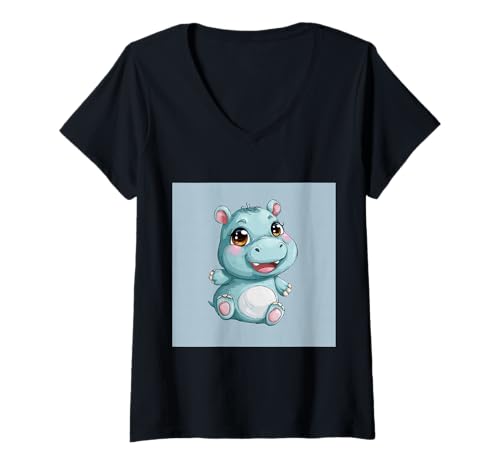 Damen Niedliches Cartoon-Nilpferd im Chibi-Stil süßes Baby-Nilpfer T-Shirt mit V-Ausschnitt von Design Hippopotamus cute theme