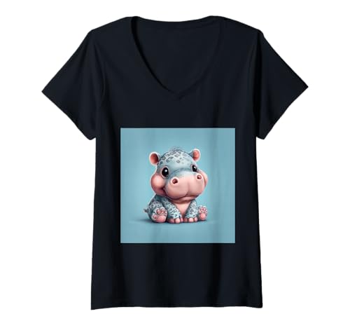 Damen Niedliches Cartoon-Nilpferd im Chibi-Stil süßes Baby-Nilpfer T-Shirt mit V-Ausschnitt Damen Niedliches Cartoon-Nilpferd im Chibi-Stil süßes Baby-Nilpfer T-Shirt mit V-Ausschnitt von Design Hippopotamus cute theme