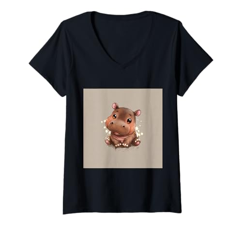 Damen Niedliches Cartoon-Nilpferd im Chibi-Stil süßes Baby-Nilpfer T-Shirt mit V-Ausschnitt Damen Niedliches Cartoon-Nilpferd im Chibi-Stil süßes Baby-Nilpfer T-Shirt mit V-Ausschnitt von Design Hippopotamus cute theme