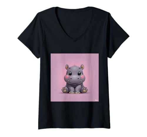 Damen Niedliches Cartoon-Nilpferd im Chibi-Stil süßes Baby-Nilpfer T-Shirt mit V-Ausschnitt Damen Niedliches Cartoon-Nilpferd im Chibi-Stil süßes Baby-Nilpfer T-Shirt mit V-Ausschnitt von Design Hippopotamus cute theme