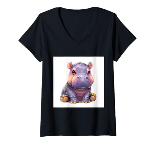Damen Niedliches Cartoon-Nilpferd im Chibi-Stil süßes Baby-Nilpfer T-Shirt mit V-Ausschnitt Damen Niedliches Cartoon-Nilpferd im Chibi-Stil süßes Baby-Nilpfer T-Shirt mit V-Ausschnitt von Design Hippopotamus cute theme