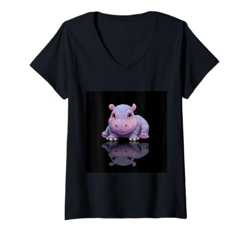 Damen Niedliches Cartoon-Nilpferd im Chibi-Stil süßes Baby-Nilpfer T-Shirt mit V-Ausschnitt Damen Niedliches Cartoon-Nilpferd im Chibi-Stil süßes Baby-Nilpfer T-Shirt mit V-Ausschnitt von Design Hippopotamus cute theme