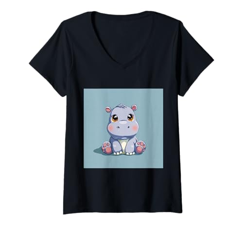 Damen Niedliches Cartoon-Nilpferd im Chibi-Stil süßes Baby-Nilpfer T-Shirt mit V-Ausschnitt Damen Niedliches Cartoon-Nilpferd im Chibi-Stil süßes Baby-Nilpfer T-Shirt mit V-Ausschnitt von Design Hippopotamus cute theme