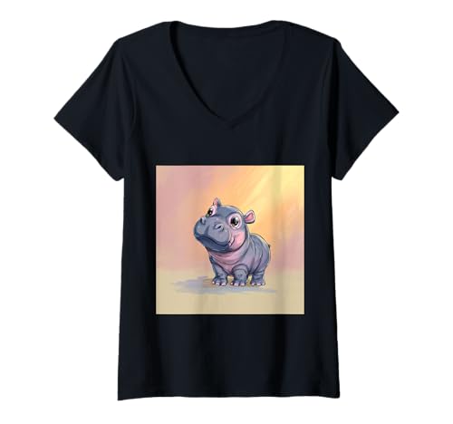 Damen Niedliches Cartoon-Nilpferd im Chibi-Stil süßes Baby-Nilpfer T-Shirt mit V-Ausschnitt von Design Hippopotamus cute theme