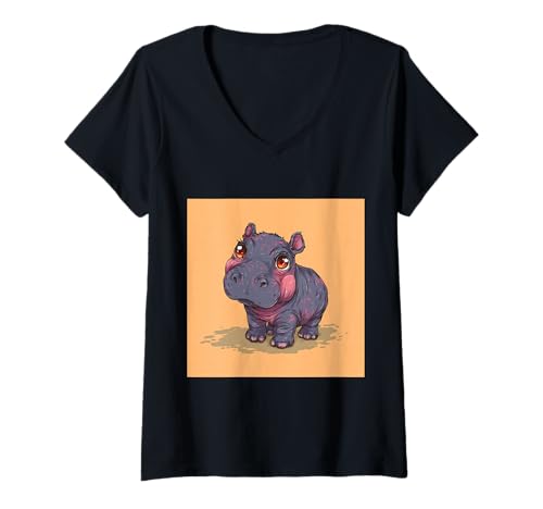 Damen Niedliches Cartoon-Nilpferd im Chibi-Stil süßes Baby-Nilpfer T-Shirt mit V-Ausschnitt von Design Hippopotamus cute theme