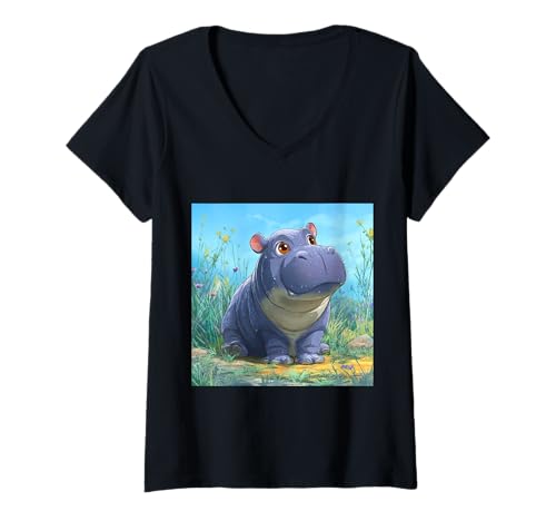 Damen Niedliches Cartoon-Nilpferd im Chibi-Stil süßes Baby-Nilpfer T-Shirt mit V-Ausschnitt Damen Niedliches Cartoon-Nilpferd im Chibi-Stil süßes Baby-Nilpfer T-Shirt mit V-Ausschnitt von Design Hippopotamus cute theme