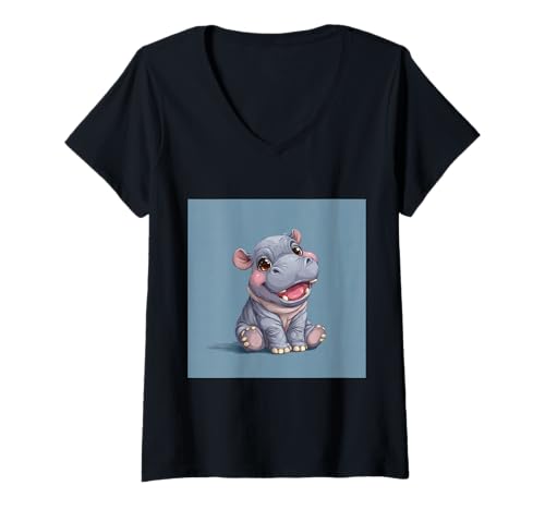 Damen Niedliches Cartoon-Nilpferd im Chibi-Stil süßes Baby-Nilpfer T-Shirt mit V-Ausschnitt Damen Niedliches Cartoon-Nilpferd im Chibi-Stil süßes Baby-Nilpfer T-Shirt mit V-Ausschnitt von Design Hippopotamus cute theme