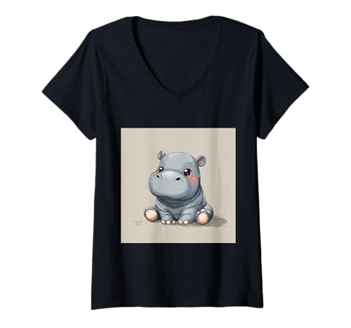 Damen Niedliches Cartoon-Nilpferd im Chibi-Stil süßes Baby-Nilpfer T-Shirt mit V-Ausschnitt Damen Niedliches Cartoon-Nilpferd im Chibi-Stil süßes Baby-Nilpfer T-Shirt mit V-Ausschnitt von Design Hippopotamus cute theme