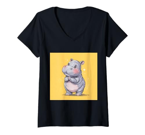 Damen Niedliches Cartoon-Nilpferd im Chibi-Stil süßes Baby-Nilpfer T-Shirt mit V-Ausschnitt Damen Niedliches Cartoon-Nilpferd im Chibi-Stil süßes Baby-Nilpfer T-Shirt mit V-Ausschnitt von Design Hippopotamus cute theme