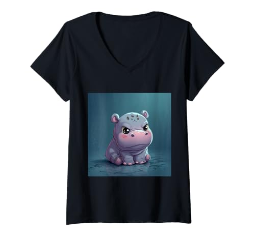 Damen Niedliches Cartoon-Nilpferd im Chibi-Stil süßes Baby-Nilpfer T-Shirt mit V-Ausschnitt von Design Hippopotamus cute theme