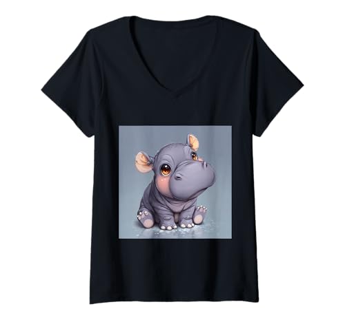Damen Niedliches Cartoon-Nilpferd im Chibi-Stil süßes Baby-Nilpfer T-Shirt mit V-Ausschnitt Damen Niedliches Cartoon-Nilpferd im Chibi-Stil süßes Baby-Nilpfer T-Shirt mit V-Ausschnitt von Design Hippopotamus cute theme