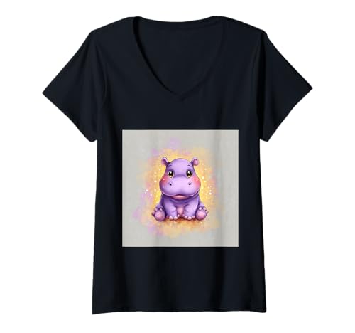 Damen Niedliches Cartoon-Nilpferd im Chibi-Stil süßes Baby-Nilpfer T-Shirt mit V-Ausschnitt Damen Niedliches Cartoon-Nilpferd im Chibi-Stil süßes Baby-Nilpfer T-Shirt mit V-Ausschnitt von Design Hippopotamus cute theme