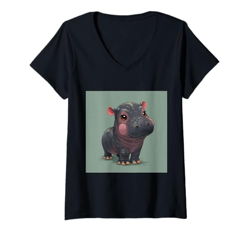 Damen Niedliches Cartoon-Nilpferd im Chibi-Stil süßes Baby-Nilpfer T-Shirt mit V-Ausschnitt Damen Niedliches Cartoon-Nilpferd im Chibi-Stil süßes Baby-Nilpfer T-Shirt mit V-Ausschnitt von Design Hippopotamus cute theme