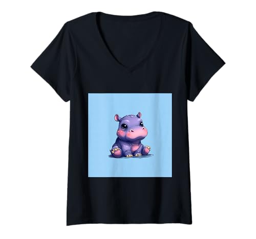 Damen Niedliches Cartoon-Nilpferd im Chibi-Stil süßes Baby-Nilpfer T-Shirt mit V-Ausschnitt Damen Niedliches Cartoon-Nilpferd im Chibi-Stil süßes Baby-Nilpfer T-Shirt mit V-Ausschnitt von Design Hippopotamus cute theme