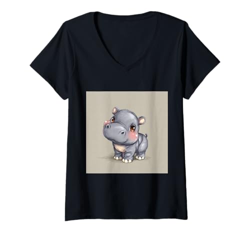 Damen Niedliches Cartoon-Nilpferd im Chibi-Stil süßes Baby-Nilpfer T-Shirt mit V-Ausschnitt Damen Niedliches Cartoon-Nilpferd im Chibi-Stil süßes Baby-Nilpfer T-Shirt mit V-Ausschnitt von Design Hippopotamus cute theme