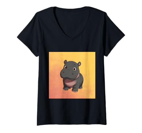 Damen Niedliches Cartoon-Nilpferd im Chibi-Stil süßes Baby-Nilpfer T-Shirt mit V-Ausschnitt Damen Niedliches Cartoon-Nilpferd im Chibi-Stil süßes Baby-Nilpfer T-Shirt mit V-Ausschnitt von Design Hippopotamus cute theme