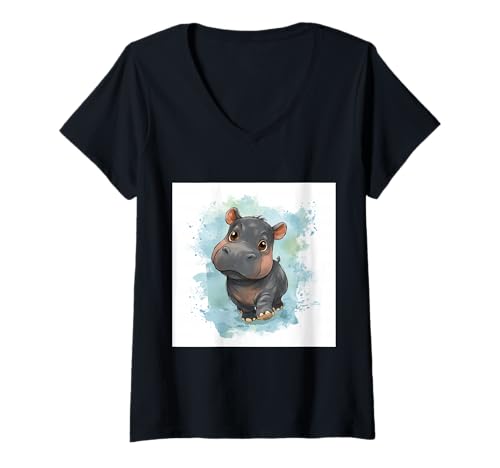 Damen Niedliches Cartoon-Nilpferd im Chibi-Stil süßes Baby-Nilpfer T-Shirt mit V-Ausschnitt Damen Niedliches Cartoon-Nilpferd im Chibi-Stil süßes Baby-Nilpfer T-Shirt mit V-Ausschnitt von Design Hippopotamus cute theme