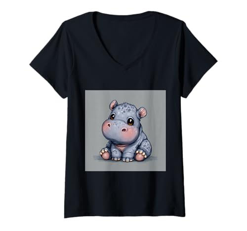 Damen Niedliches Cartoon-Nilpferd im Chibi-Stil süßes Baby-Nilpfer T-Shirt mit V-Ausschnitt von Design Hippopotamus cute theme