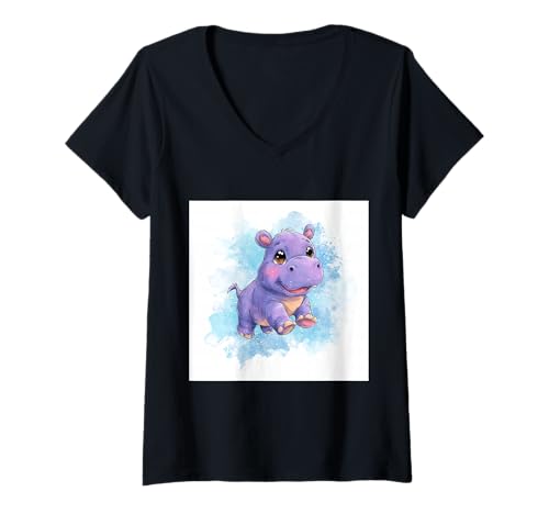 Damen Niedliches Cartoon-Nilpferd im Chibi-Stil süßes Baby-Nilpfer T-Shirt mit V-Ausschnitt von Design Hippopotamus cute theme