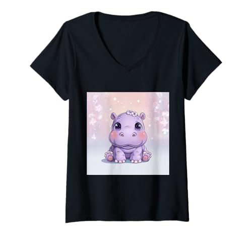 Damen Niedliches Cartoon-Nilpferd im Chibi-Stil süßes Baby-Nilpfer T-Shirt mit V-Ausschnitt Damen Niedliches Cartoon-Nilpferd im Chibi-Stil süßes Baby-Nilpfer T-Shirt mit V-Ausschnitt von Design Hippopotamus cute theme