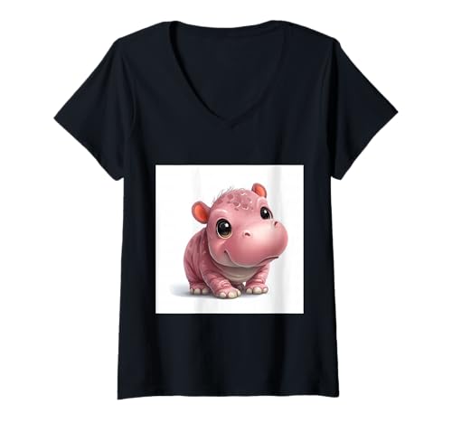 Damen Niedliches Cartoon-Nilpferd im Chibi-Stil süßes Baby-Nilpfer T-Shirt mit V-Ausschnitt Damen Niedliches Cartoon-Nilpferd im Chibi-Stil süßes Baby-Nilpfer T-Shirt mit V-Ausschnitt von Design Hippopotamus cute theme