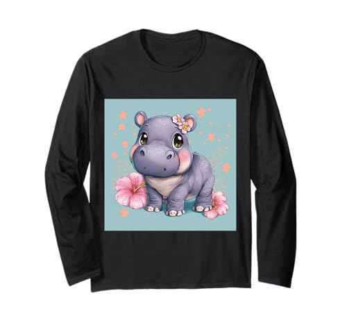 Niedliches Cartoon-Nilpferd im Chibi-Stil süßes Baby-Nilpfer Langarmshirt von Design Hippopotamus cute theme