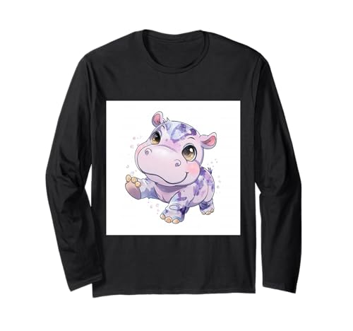Niedliches Cartoon-Nilpferd im Chibi-Stil süßes Baby-Nilpfer Langarmshirt Niedliches Cartoon-Nilpferd im Chibi-Stil süßes Baby-Nilpfer Langarmshirt von Design Hippopotamus cute theme