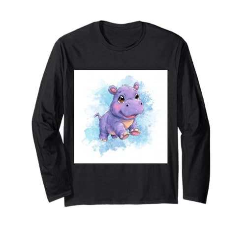 Niedliches Cartoon-Nilpferd im Chibi-Stil süßes Baby-Nilpfer Langarmshirt von Design Hippopotamus cute theme