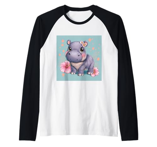 Niedliches Cartoon-Nilpferd im Chibi-Stil süßes Baby-Nilpfer Raglan von Design Hippopotamus cute theme