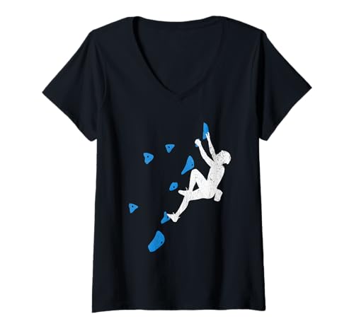 Damen Kletterwandklettern im Retro-Look Coole Freeclimbing-Liebhaber T-Shirt mit V-Ausschnitt von Design Proud Girl Rock Climber