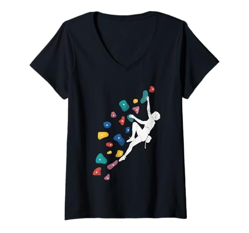 Damen Kletterwandklettern im Retro-Look Coole Freeclimbing-Liebhaber T-Shirt mit V-Ausschnitt von Design Proud Girl Rock Climber