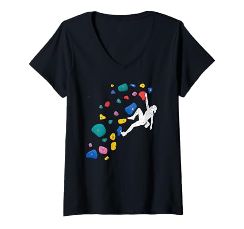 Damen Kletterwandklettern im Retro-Look Coole Freeclimbing-Liebhaber T-Shirt mit V-Ausschnitt von Design Proud Girl Rock Climber