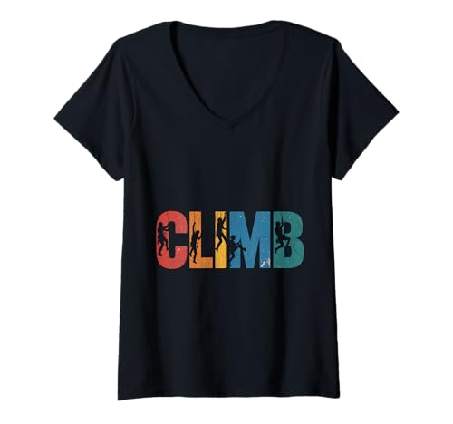 Damen Retro-Climb Felsklettern Coole Freikletterer T-Shirt mit V-Ausschnitt von Design Proud Girl Rock Climber